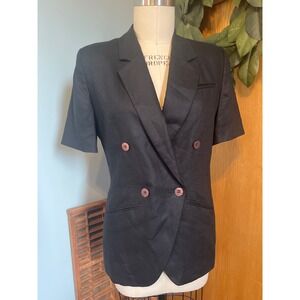 Short Sleeve Blazer Black Double Breasted‎ Shoulder Pads Career Business Jacket